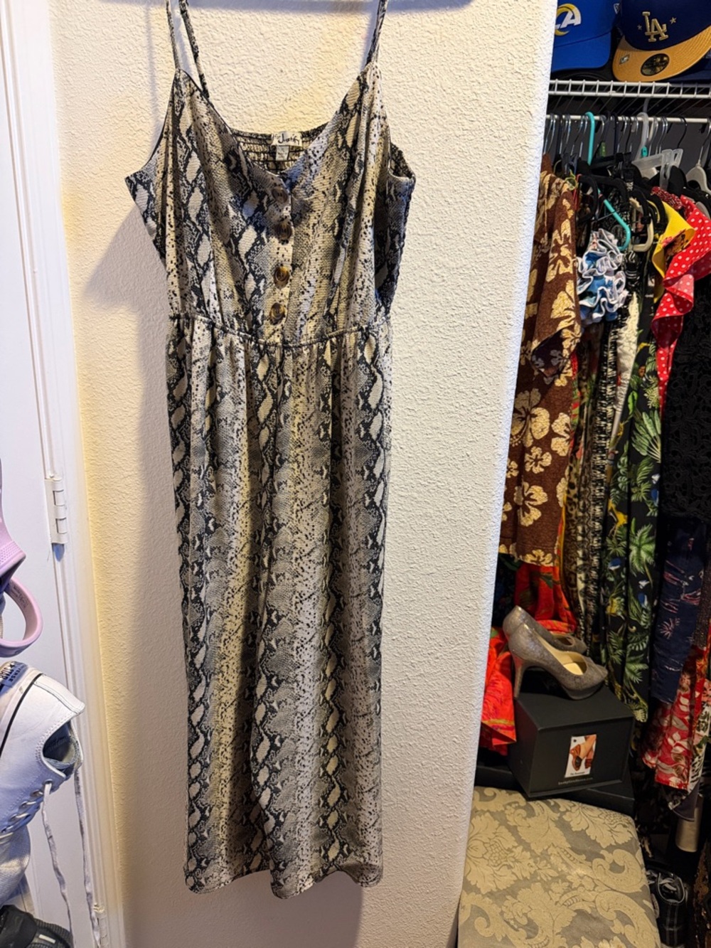 Snake-Print Slip jumpsuit in Gray and black
